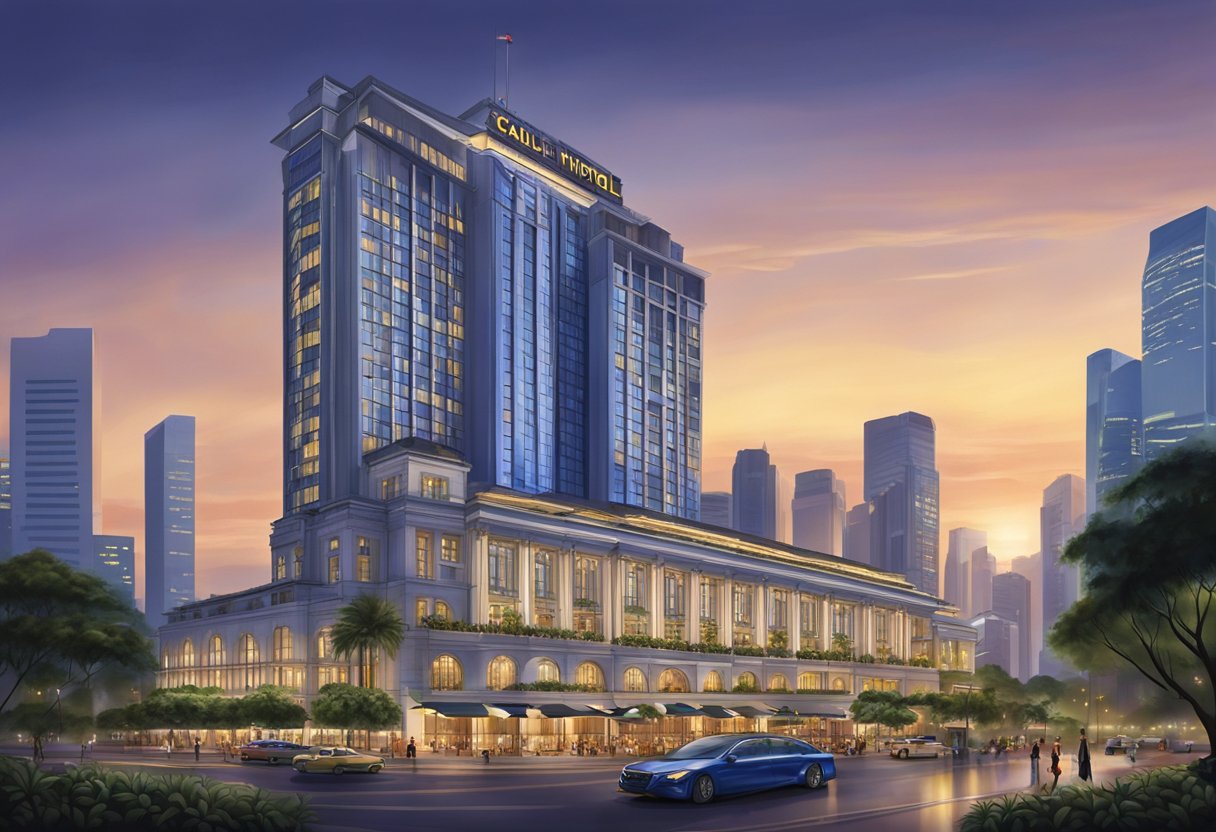 The iconic Carlton City Hotel in Singapore, with its modern architecture and sleek design, stands tall against the city skyline, surrounded by bustling streets and vibrant city lights