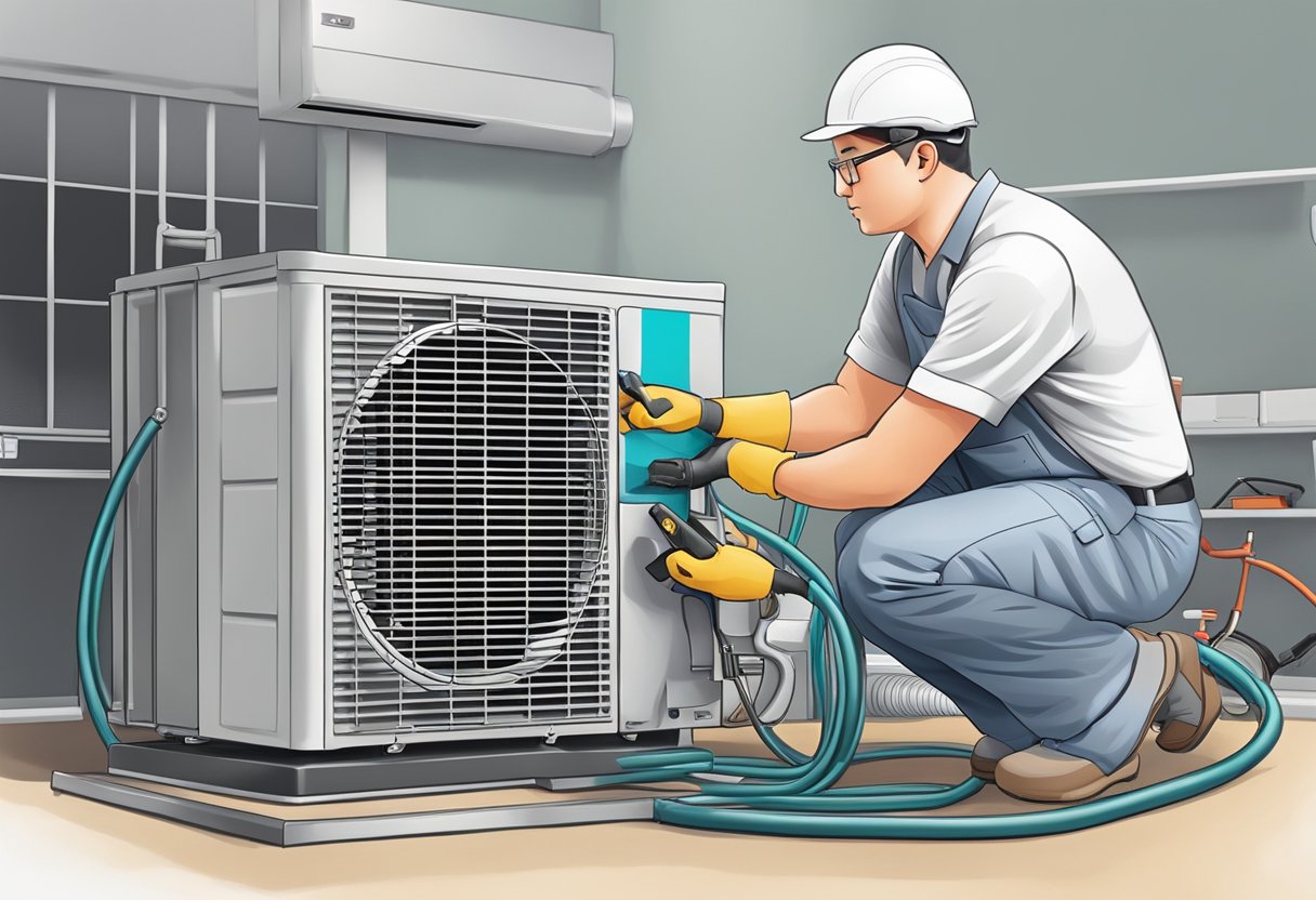 An air conditioning technician in Singapore services a unit with specialized tools and equipment