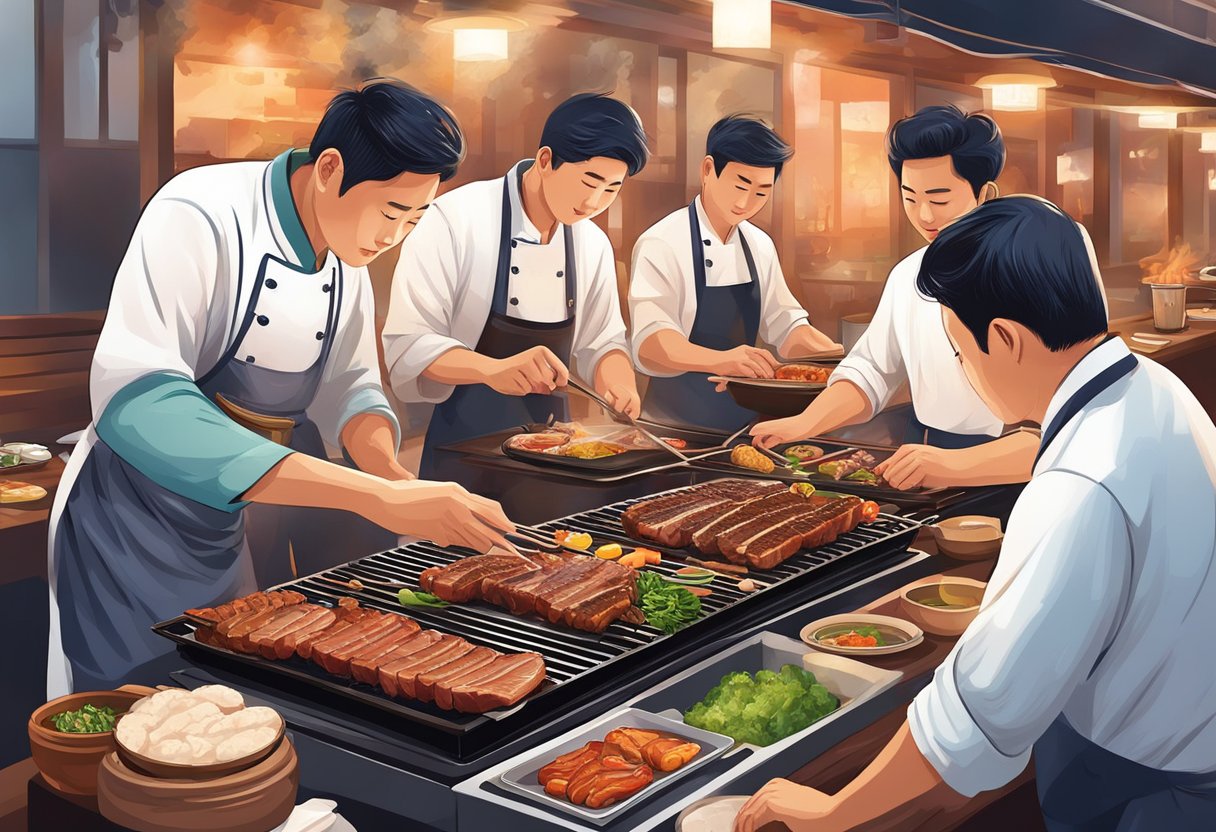 A sizzling grill cooks marinated meats as diners enjoy the vibrant atmosphere of a Korean BBQ restaurant in Singapore