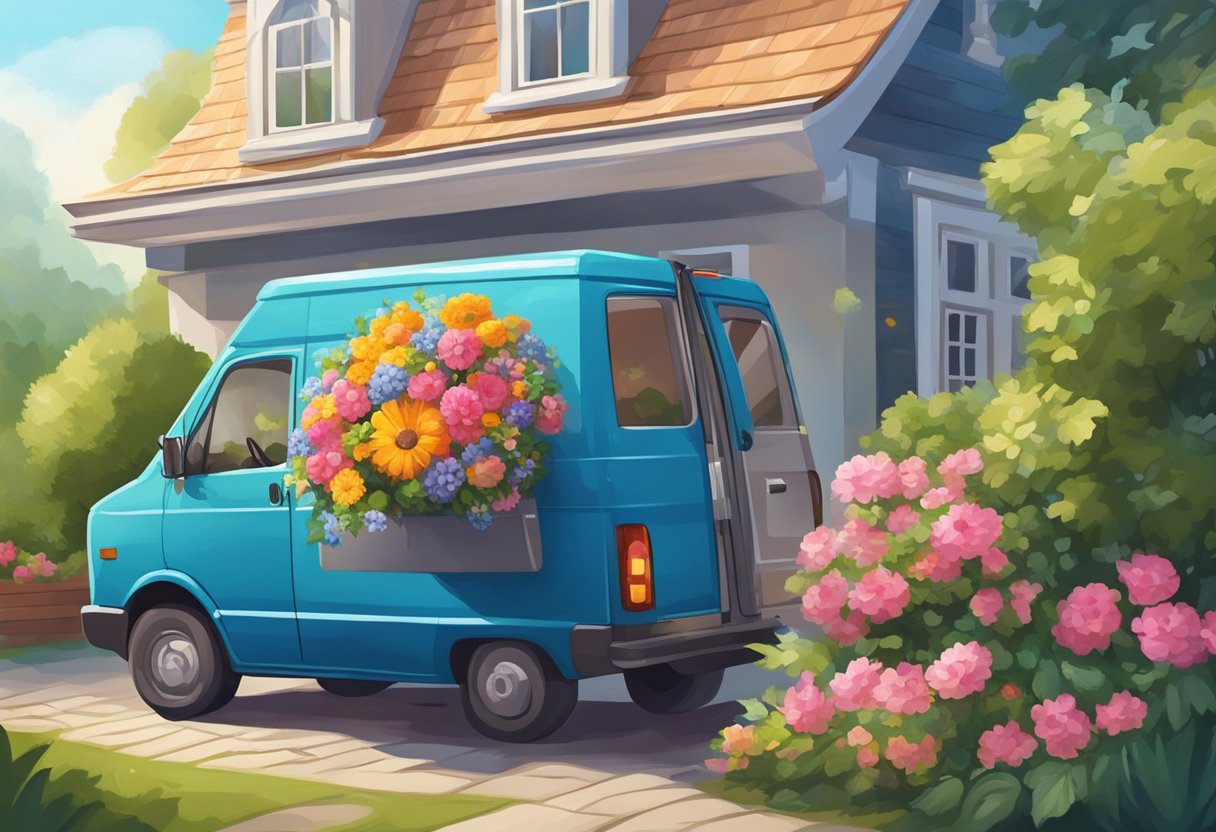 A delivery van pulls up to a house, a bouquet of vibrant flowers in hand. A smiling recipient opens the door, receiving the beautiful surprise