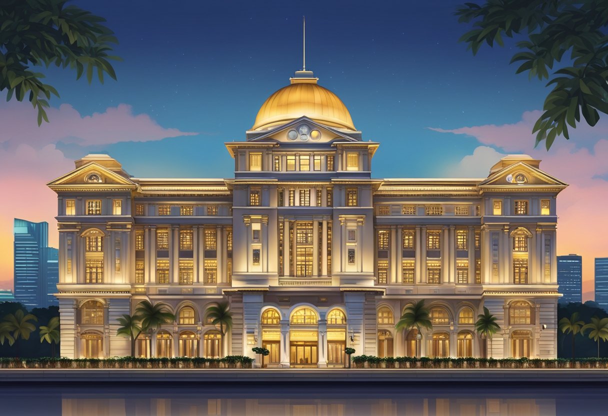 The iconic Fullerton Hotel in Singapore stands tall against the city skyline, its grand colonial architecture illuminated by the warm glow of streetlights