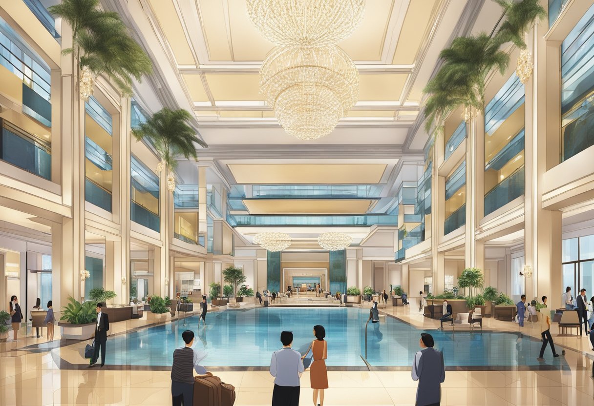 The lobby of Carlton City Hotel Singapore is bustling with guests checking in, while the luxurious amenities such as the swimming pool and spa beckon in the background