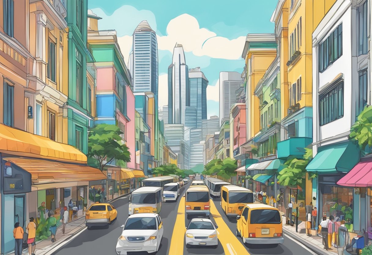 A bustling street in Singapore, with colorful buildings, palm trees, and bustling traffic
