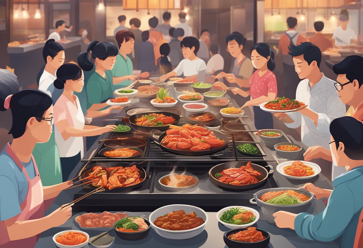 Customers sizzle marinated meats on tabletop grills at a bustling Korean BBQ restaurant in Singapore, surrounded by vibrant kimchi, banchan, and steaming rice