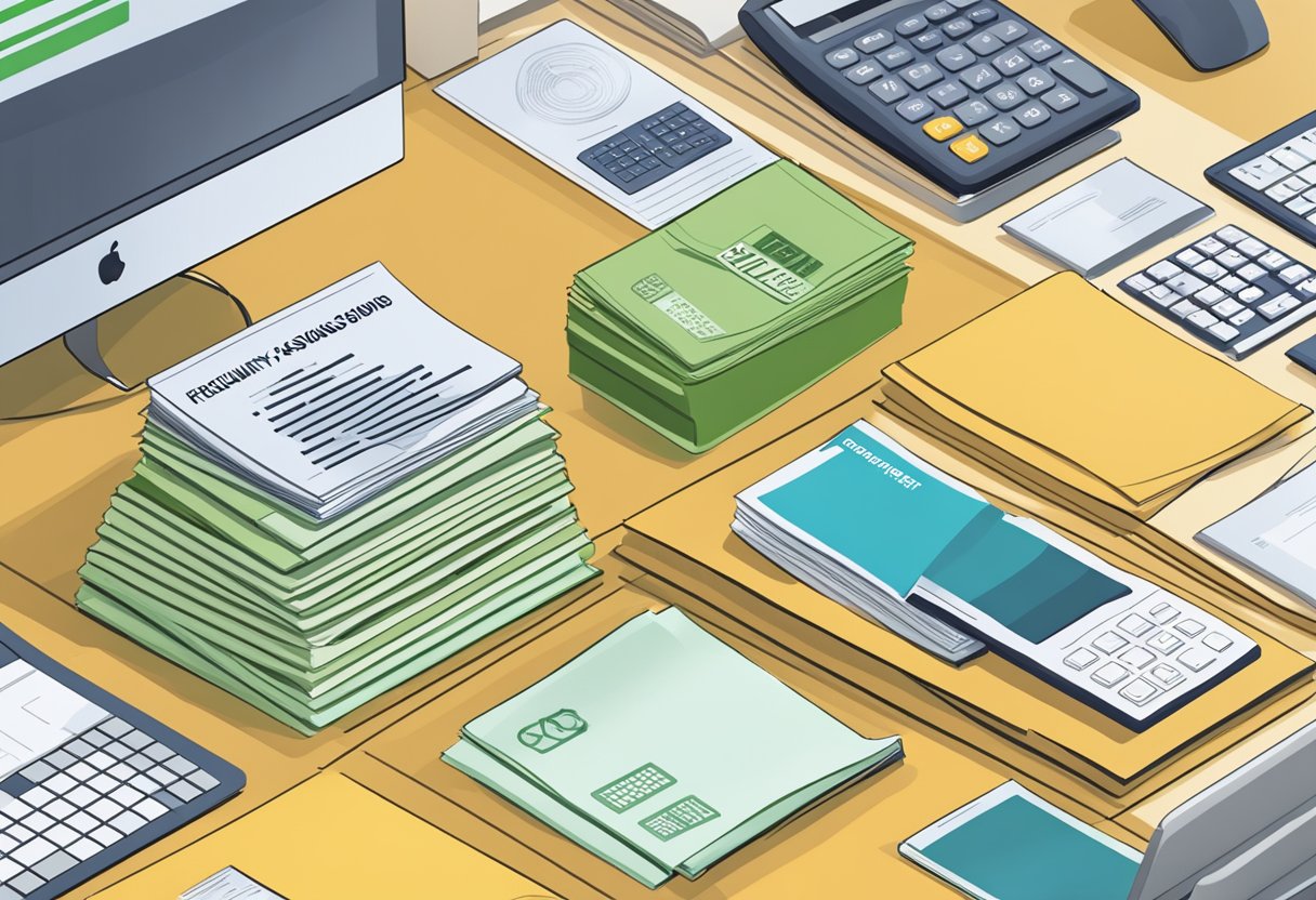 A stack of pamphlets with "Frequently Asked Questions Singapore Savings Bond" printed on the cover, surrounded by a computer, calculator, and pen