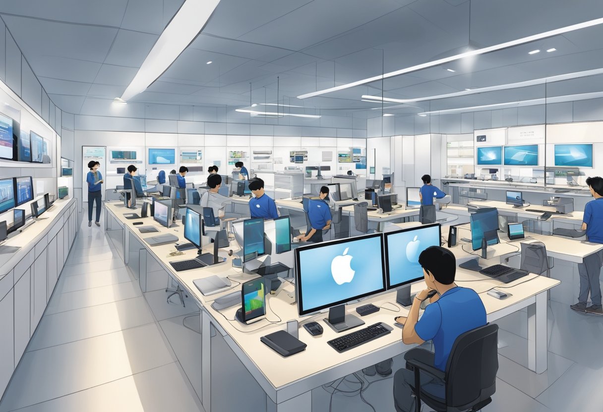 The Apple service center in Singapore bustles with customers and staff. Brightly lit displays showcase the latest products, while technicians work diligently to repair devices