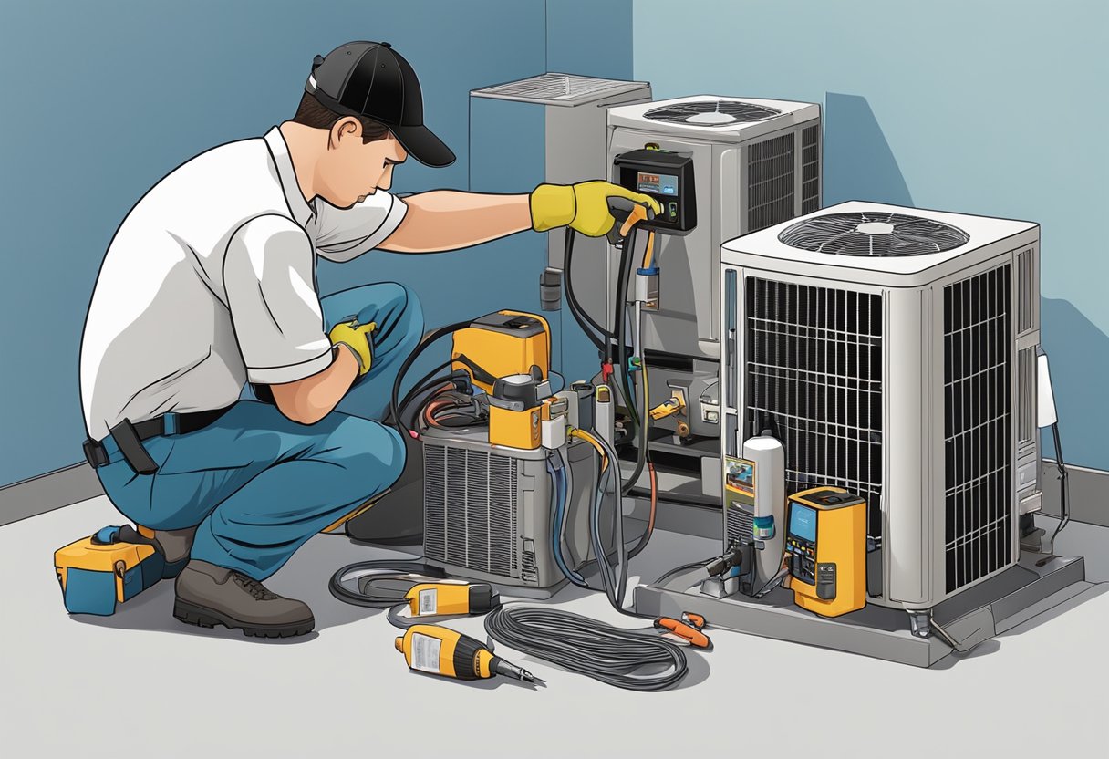 An air conditioning technician servicing a unit, with tools and equipment scattered around