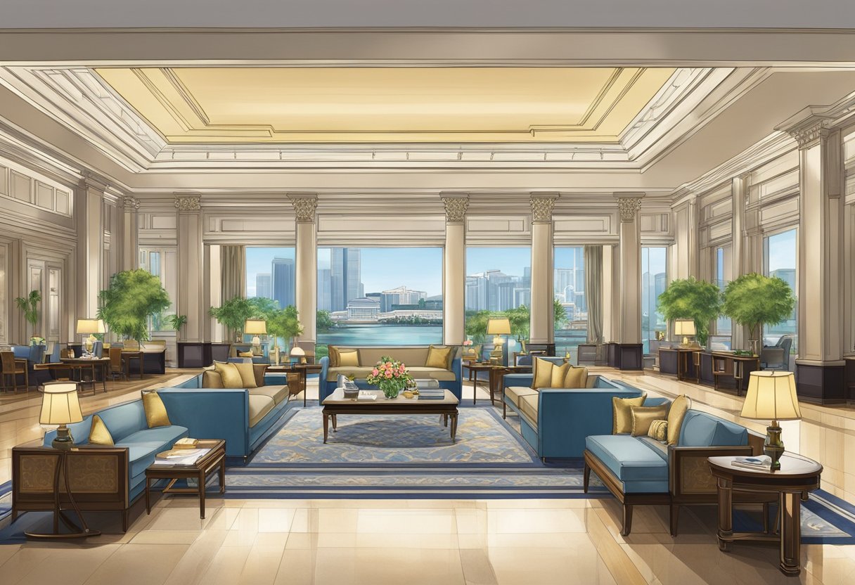 The Fullerton Hotel in Singapore features luxurious accommodations and amenities, including a grand lobby, elegant furnishings, and stunning views of the city skyline