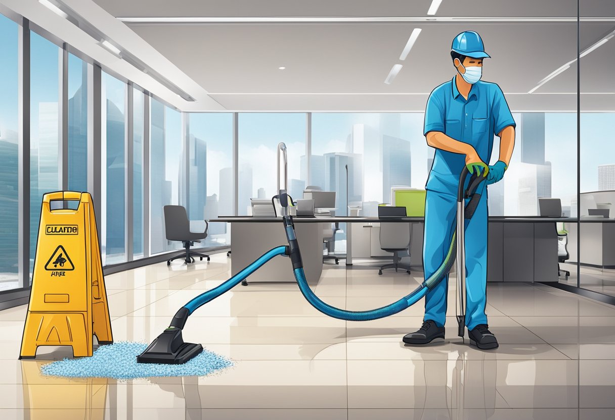 A janitorial crew mops and vacuums a modern office space in Singapore