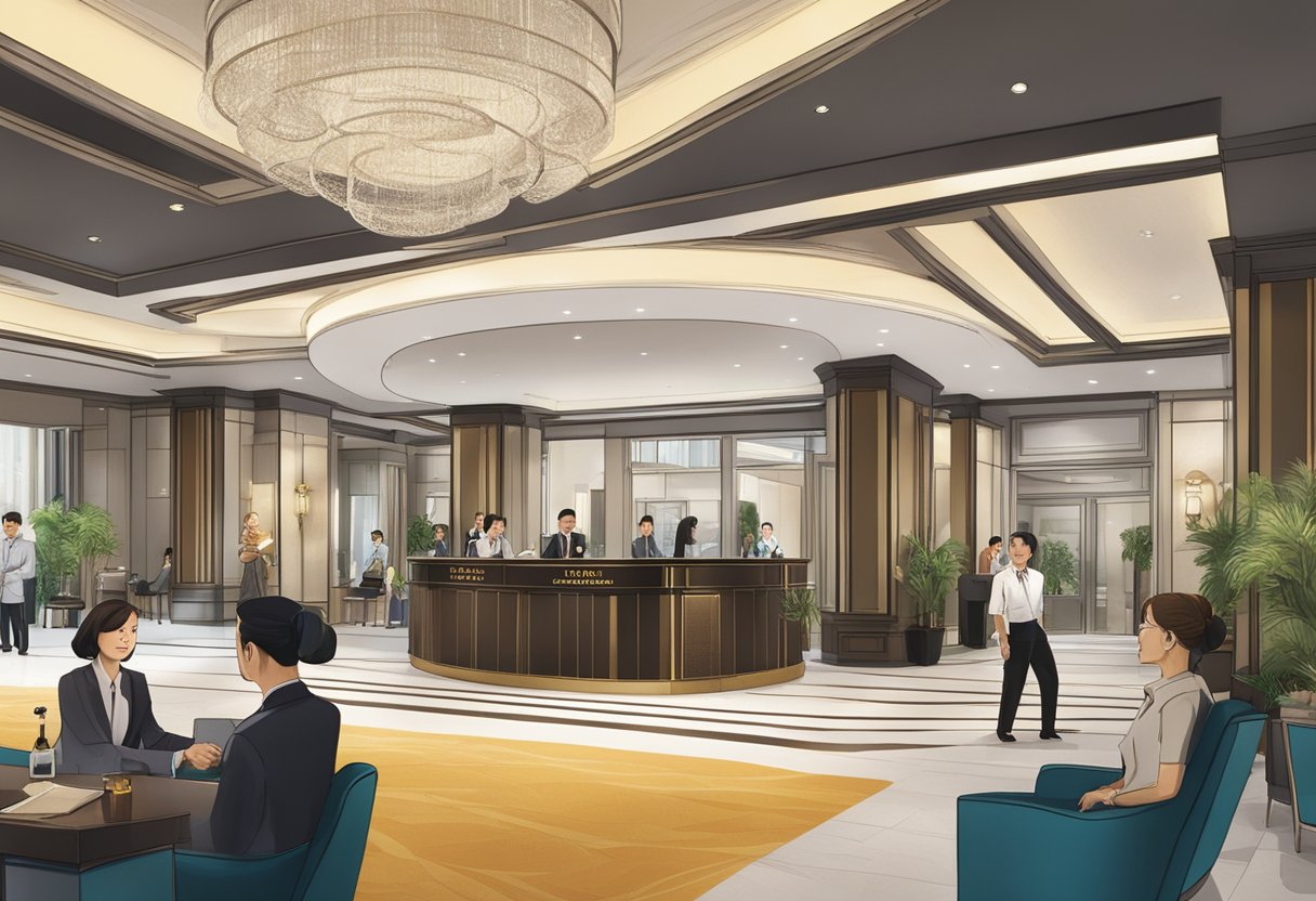 The lobby of Carlton City Hotel, Singapore, bustling with guests asking staff questions at the front desk and concierge. The hotel logo prominently displayed behind them