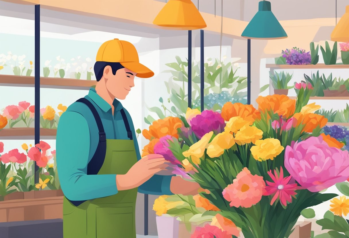 A delivery person carefully selects a vibrant bouquet from a variety of fresh flowers at a flower shop