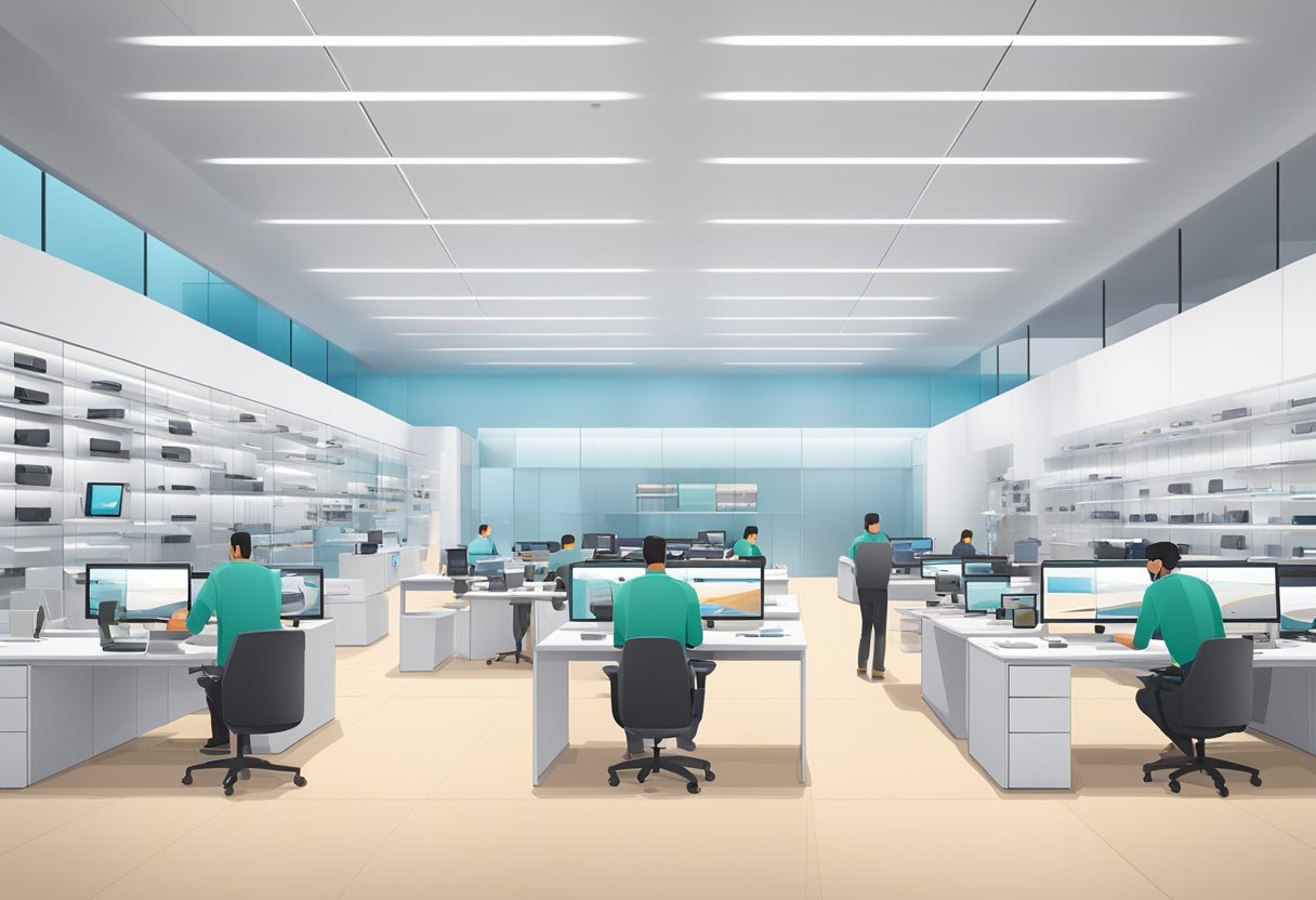 The Apple service center showcases a sleek, modern interior with rows of neatly arranged workstations and shelves displaying various Apple products and accessories. A team of technicians can be seen diligently working on repairing and servicing customers' devices
