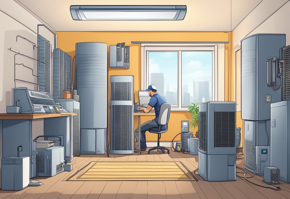 An aircon technician inspecting and servicing a residential air conditioning unit with various tools and equipment in a neatly organized workspace