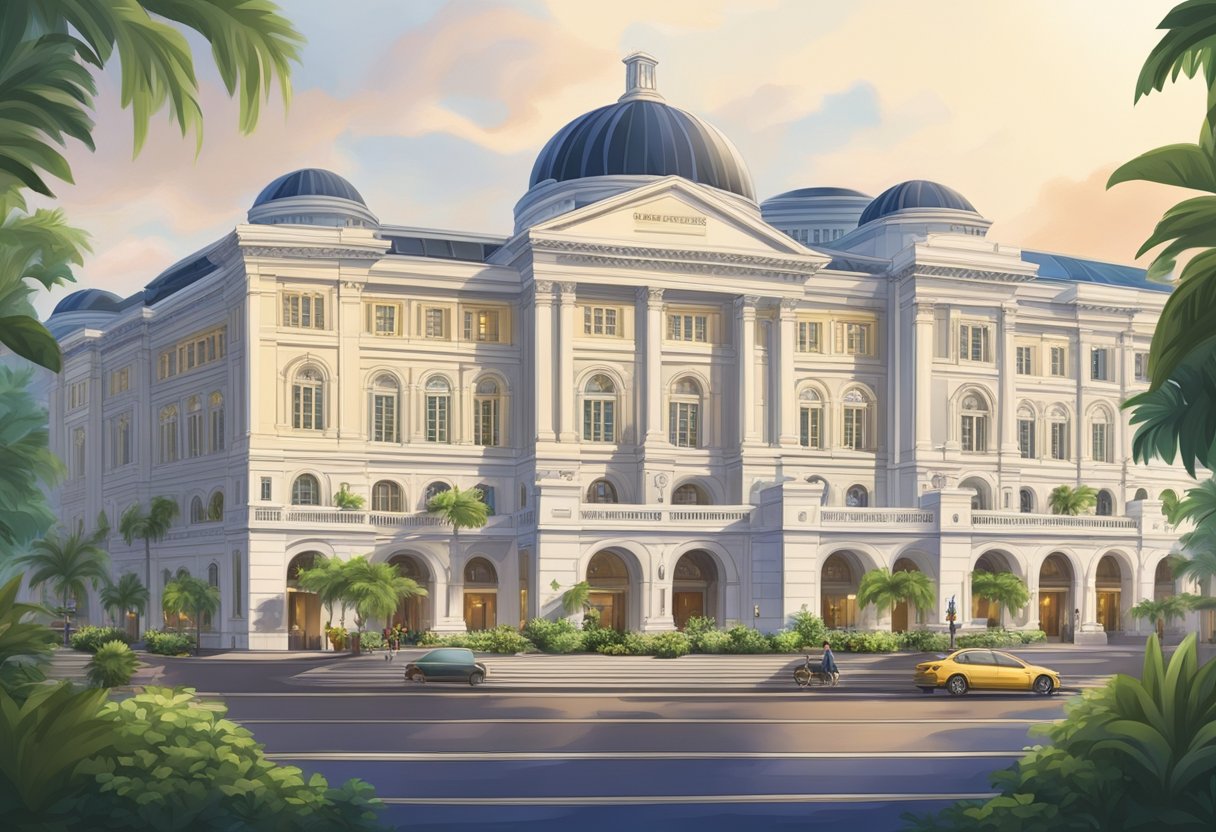 The Fullerton Hotel in Singapore is a majestic colonial-style building with grand arches and columns, surrounded by lush greenery and overlooking the picturesque Marina Bay