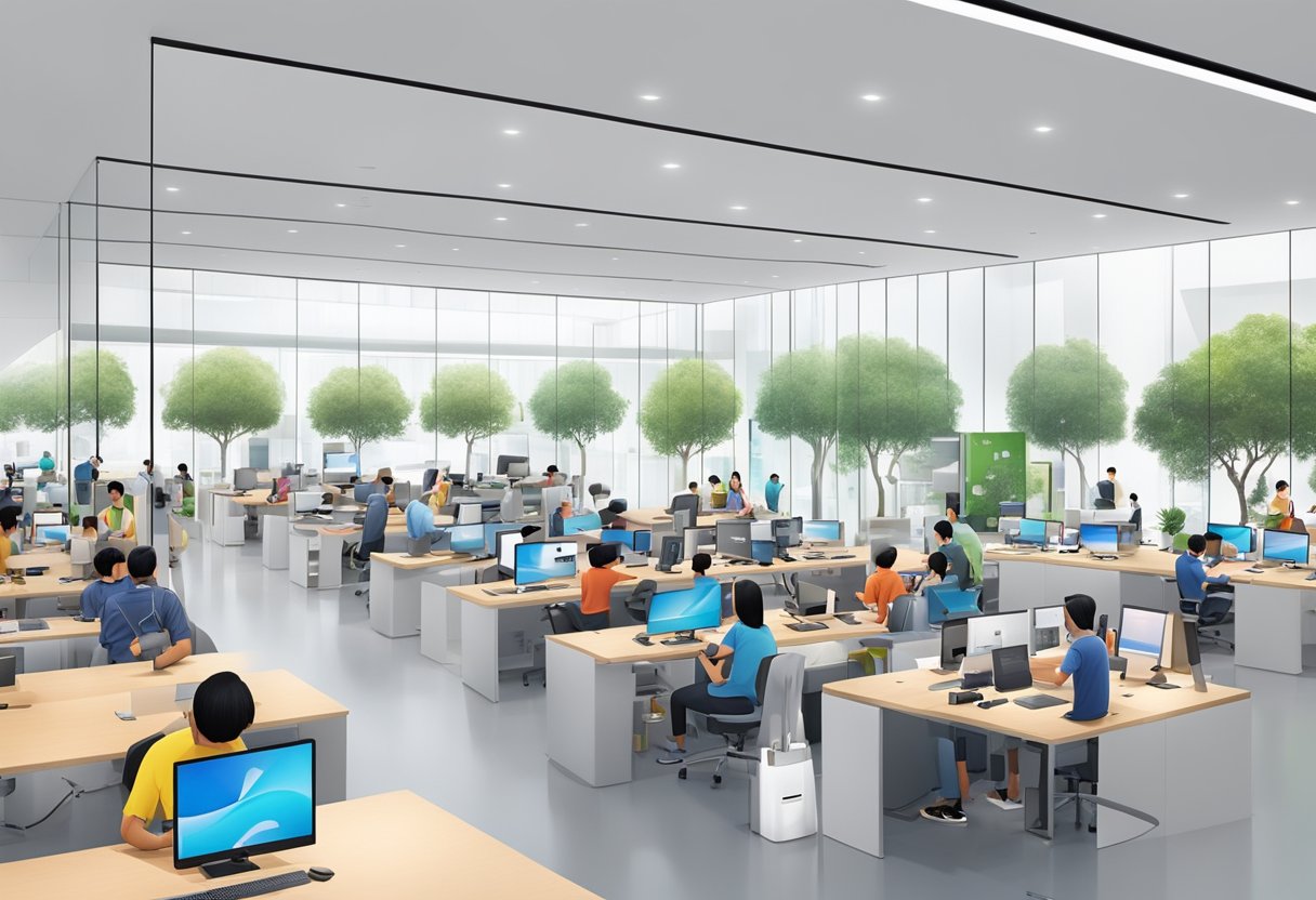 The Apple service center in Singapore is bustling with technicians and customers. The sleek, modern interior is adorned with the latest Apple products and accessories