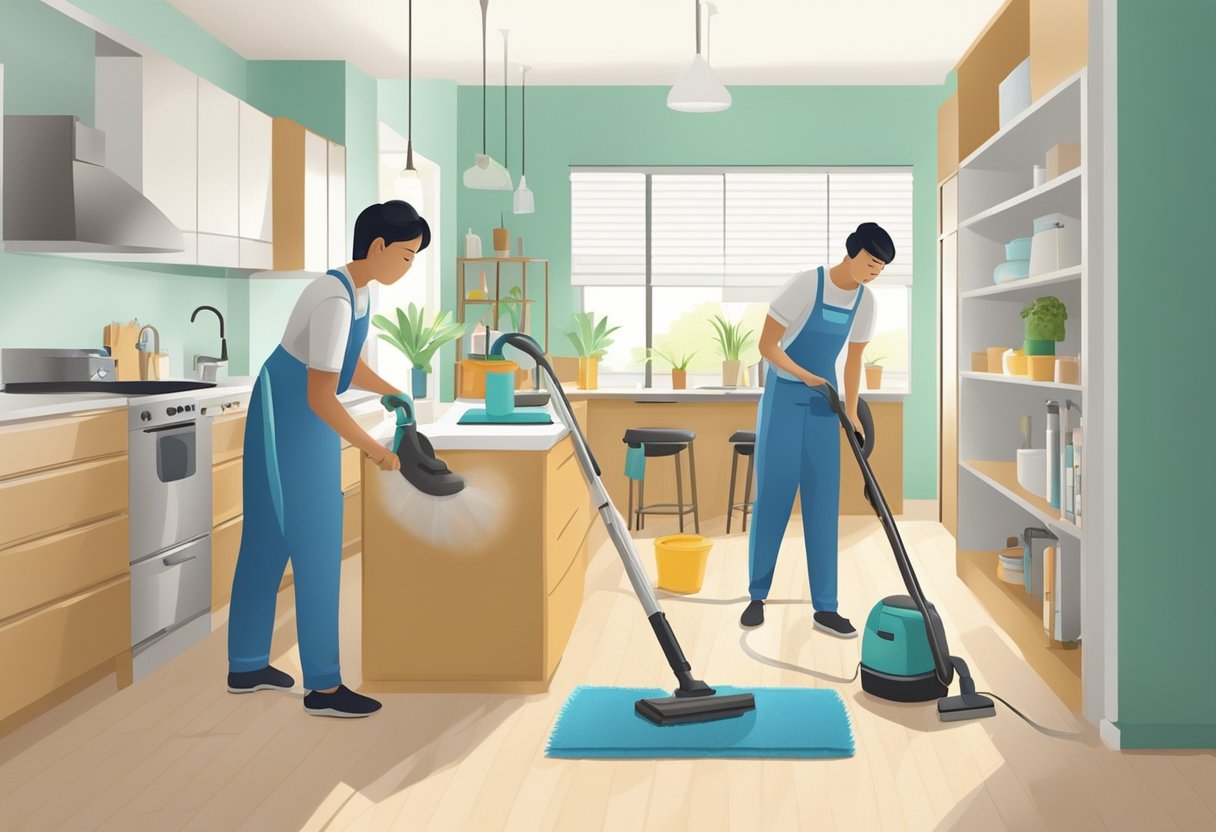 A cleaning crew tidies a modern Singaporean home, vacuuming, dusting, and organizing