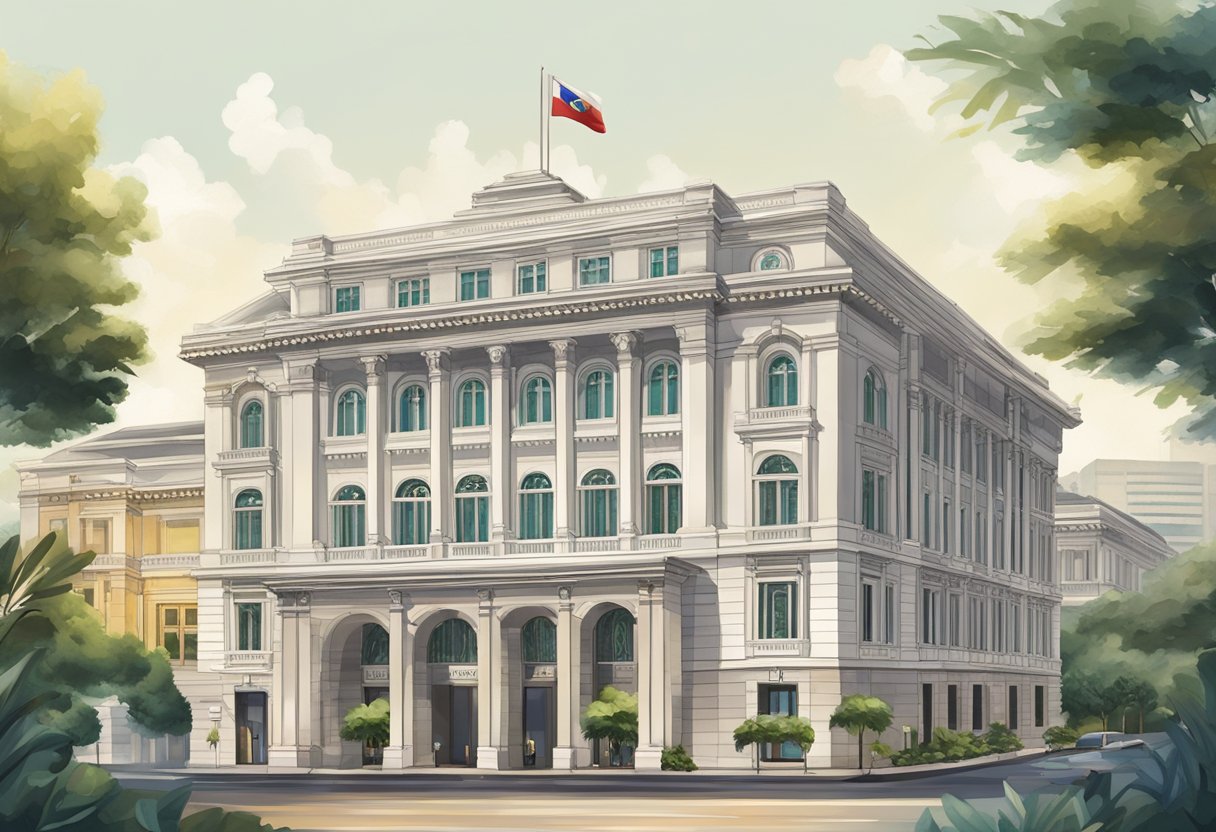 The grand Fullerton Hotel in Singapore, with its iconic neoclassical architecture, stands proudly against the backdrop of the city skyline