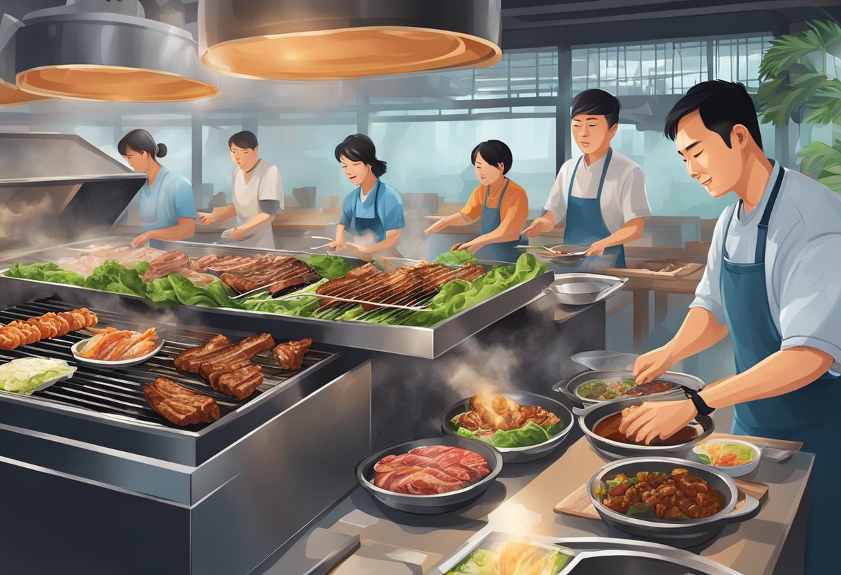 A sizzling grill cooks marinated meats as diners enjoy banchan and wrap meat in lettuce at a bustling Korean BBQ restaurant in Singapore
