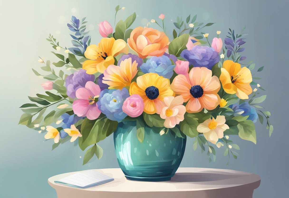 A colorful bouquet of fresh flowers arranged in a stylish vase, with a personalized note and delicate ribbon, ready for delivery in Singapore