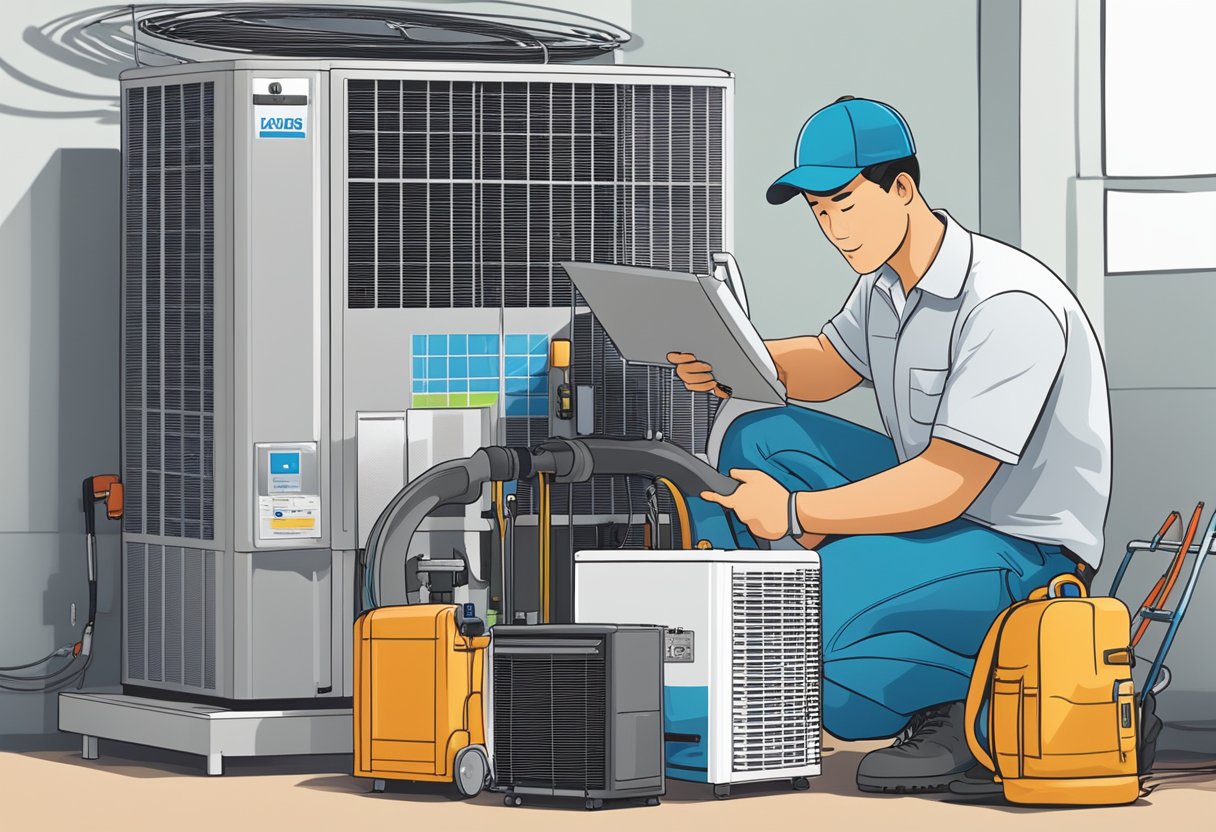 A technician servicing an air conditioning unit in Singapore, surrounded by tools and equipment, with a printed list of frequently asked questions about aircon maintenance