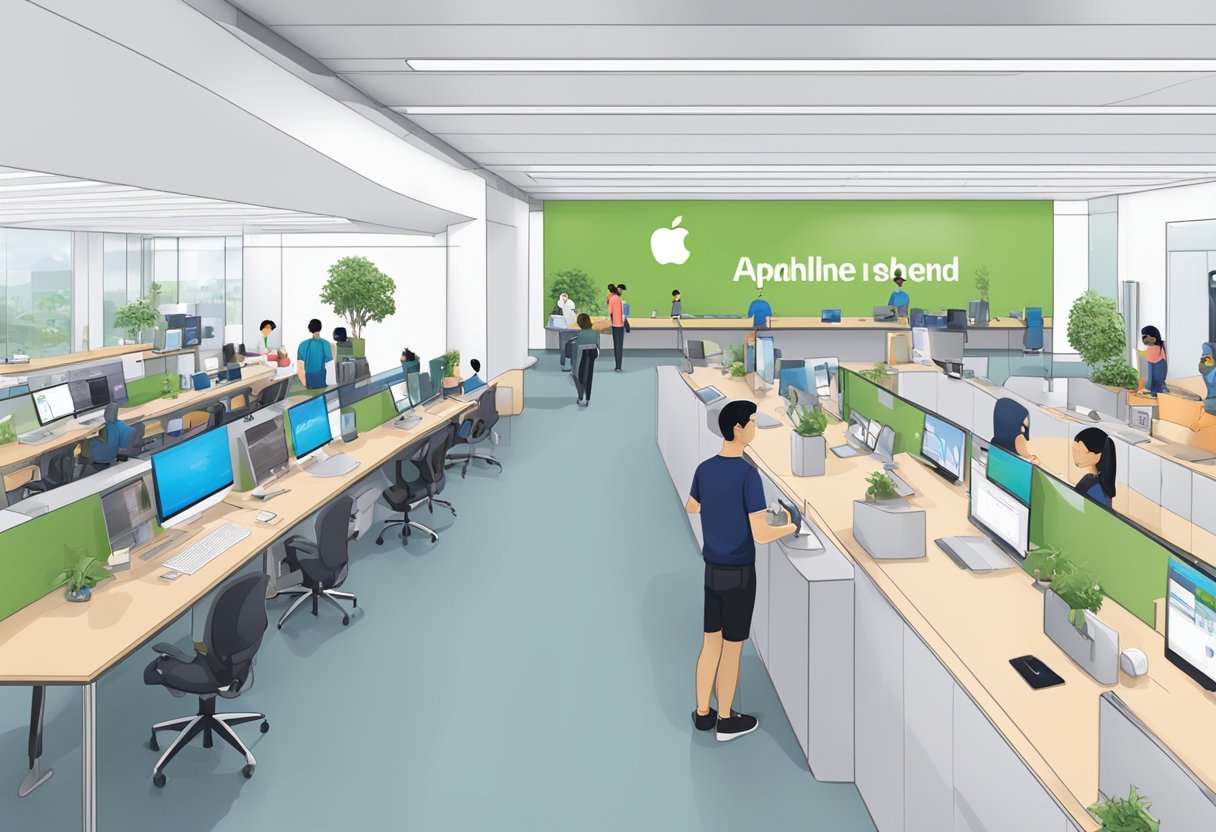 Apple service center in Singapore, with customers waiting in line, technicians working on devices, and a reception area with FAQs displayed prominently