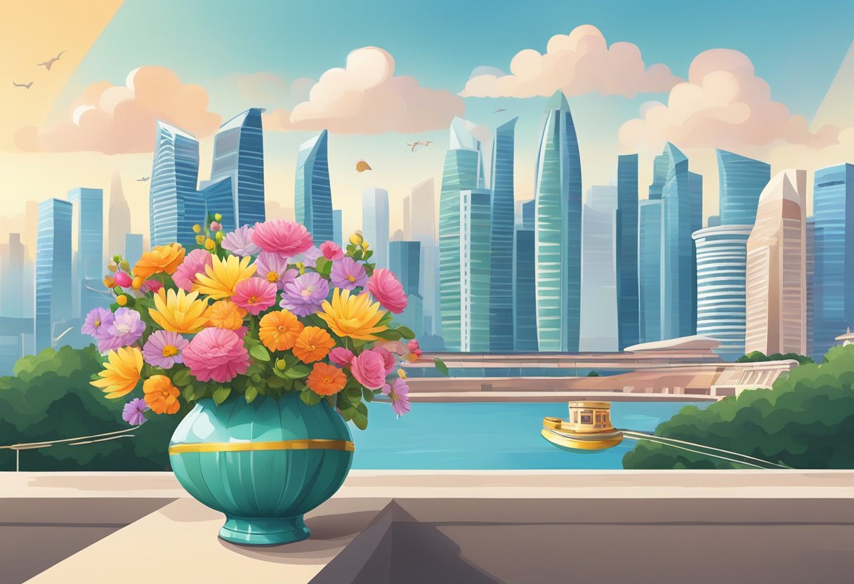 A colorful array of flowers arranged in a decorative vase, with a delivery package nearby, set against a backdrop of the Singapore skyline