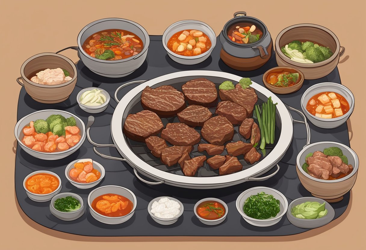 A sizzling grill with various cuts of marinated meat, surrounded by small dishes of pickled vegetables and a steaming pot of bubbling kimchi stew
