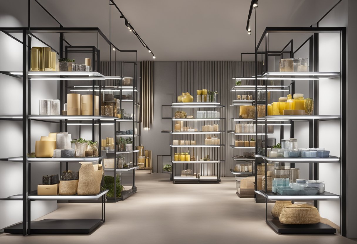 A display of various products and collections from Pedro Singapore, neatly arranged on sleek shelves with modern lighting