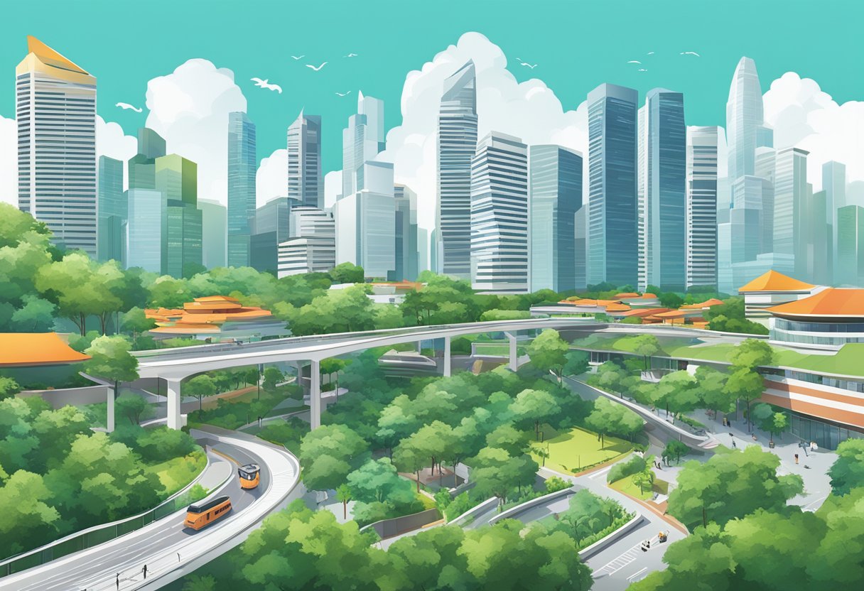A bustling cityscape of AIA Singapore, with skyscrapers, lush greenery, and modern architecture