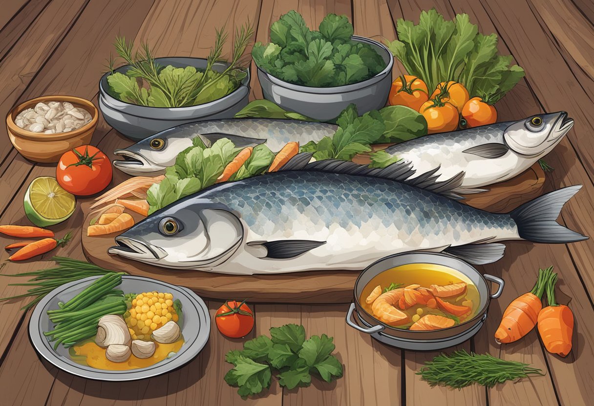 A variety of fresh fish laid out on a wooden table, with colorful vegetables and herbs nearby. A pot of simmering broth on a stove in the background