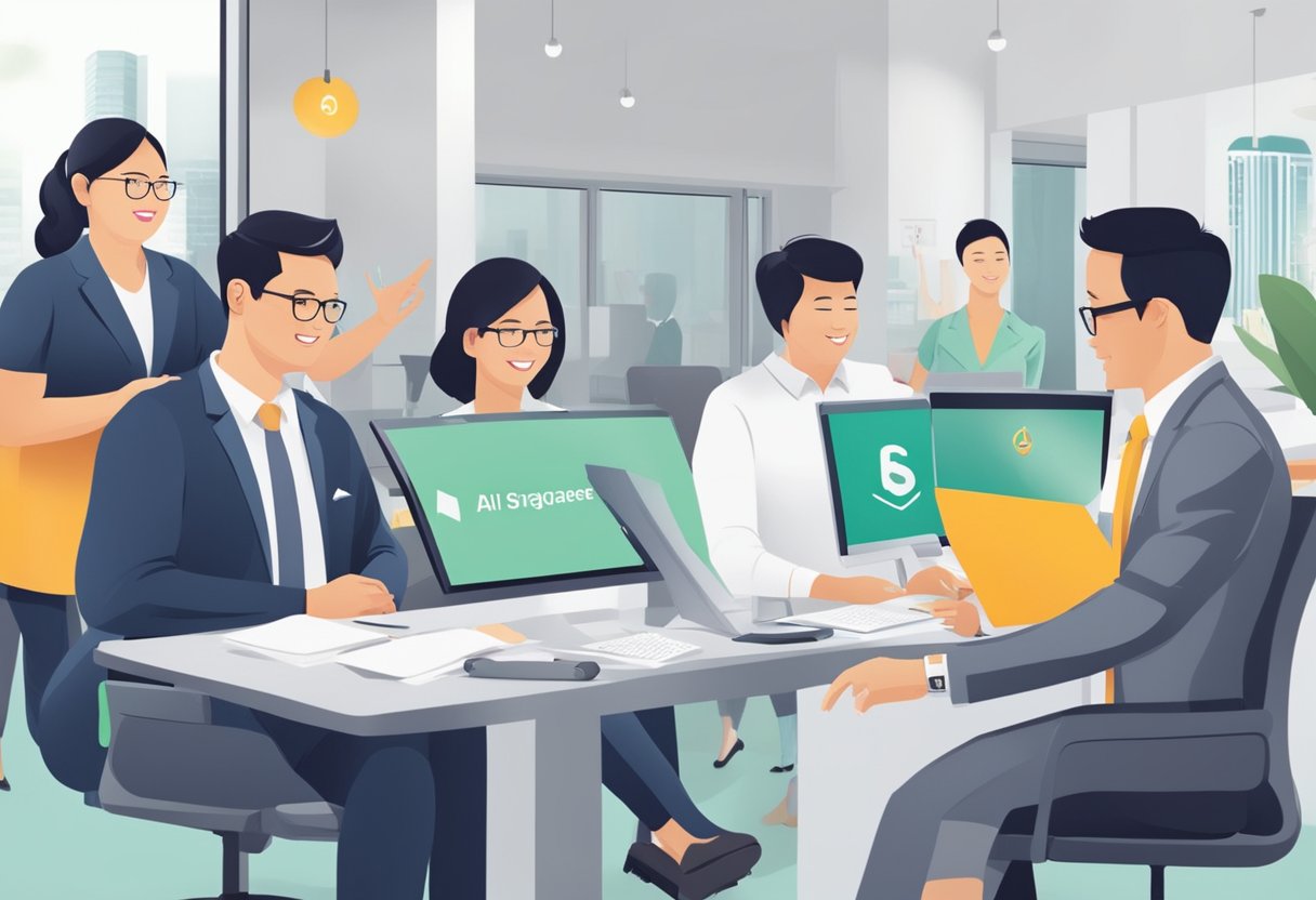 A customer receiving personalized service at AIA Singapore, with staff assisting and guiding them through various insurance and financial products