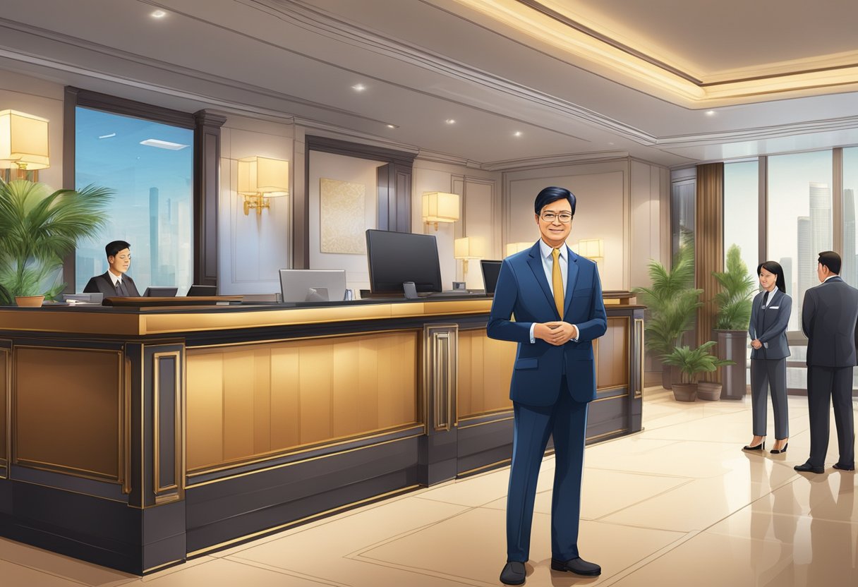 The hotel boss in Singapore stands confidently at the front desk, overseeing the bustling lobby and attending to guests' needs