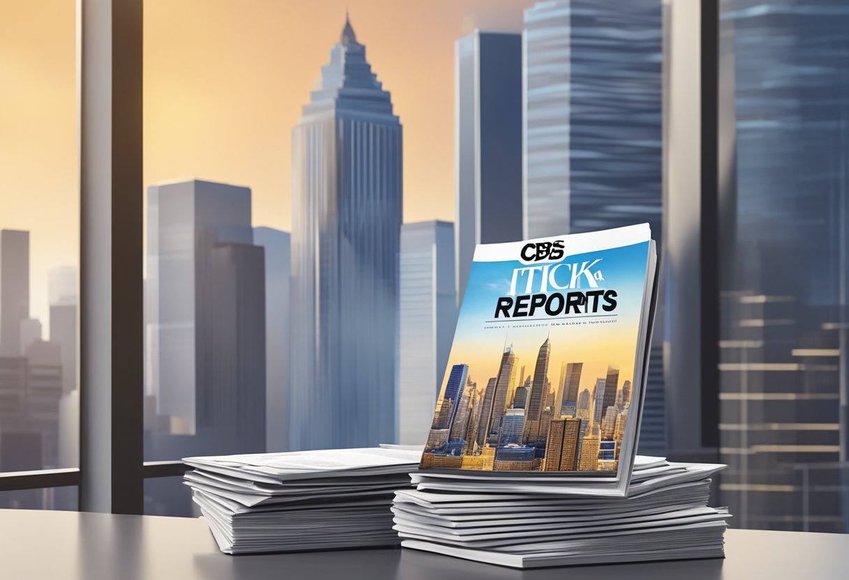 A stack of CBS Reports magazines on a sleek table with a city skyline in the background