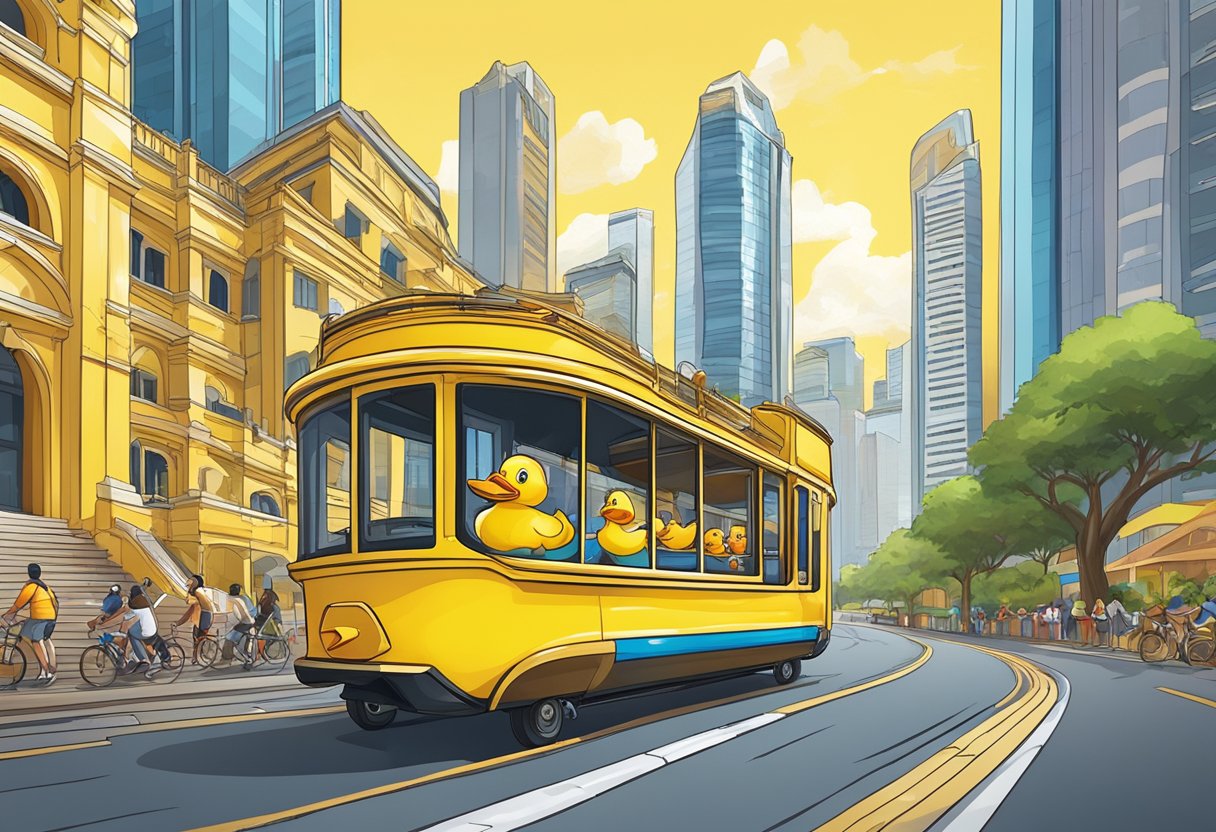 A bright yellow duck boat cruises through the bustling streets of Singapore, passing by iconic landmarks and colorful buildings, with the city skyline in the background