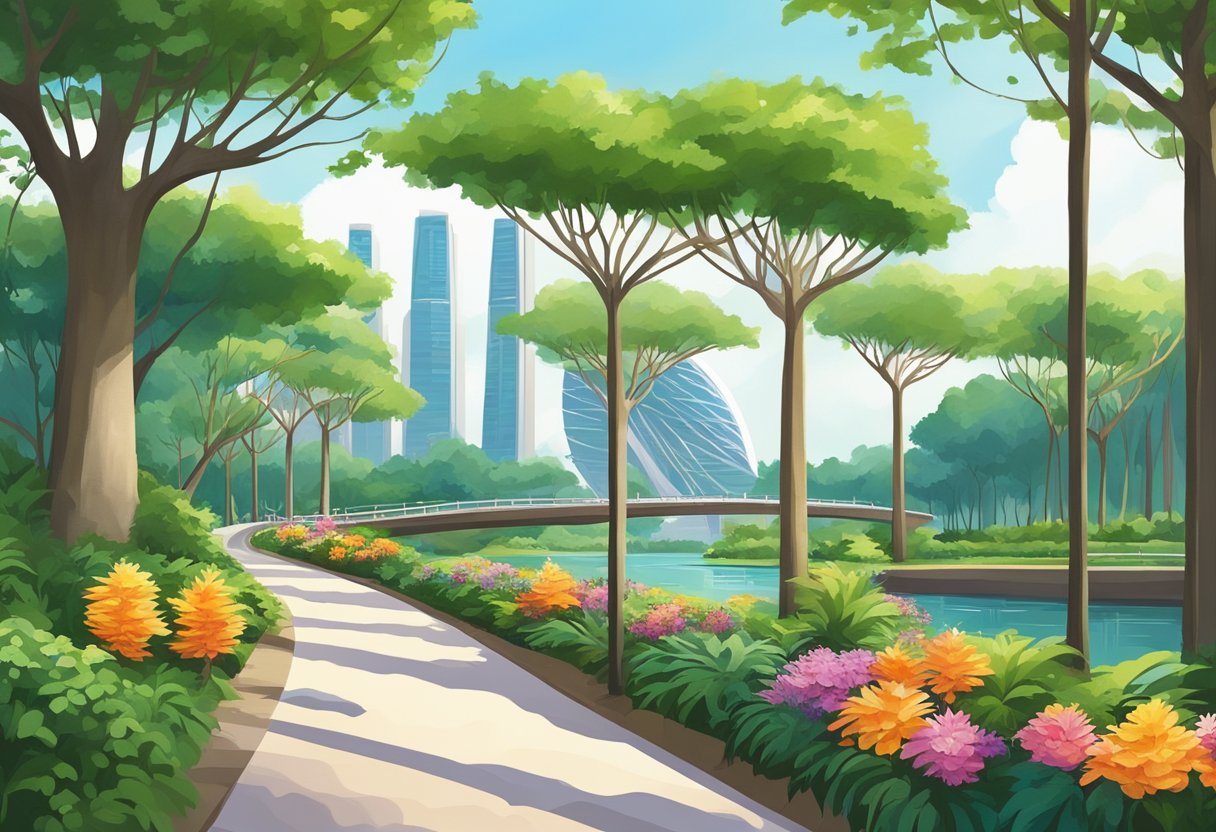 Lush greenery surrounds the winding Marina Gardens Drive, leading to the iconic Gardens by the Bay in Singapore. Tall trees, colorful flowers, and serene water features create a picturesque and tranquil setting