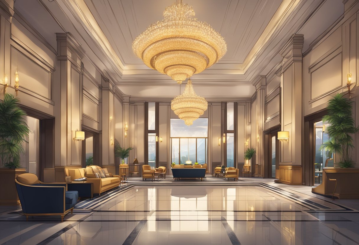 A luxurious hotel lobby with modern furnishings and a welcoming front desk. A grand chandelier hangs from the ceiling, casting a warm glow over the space