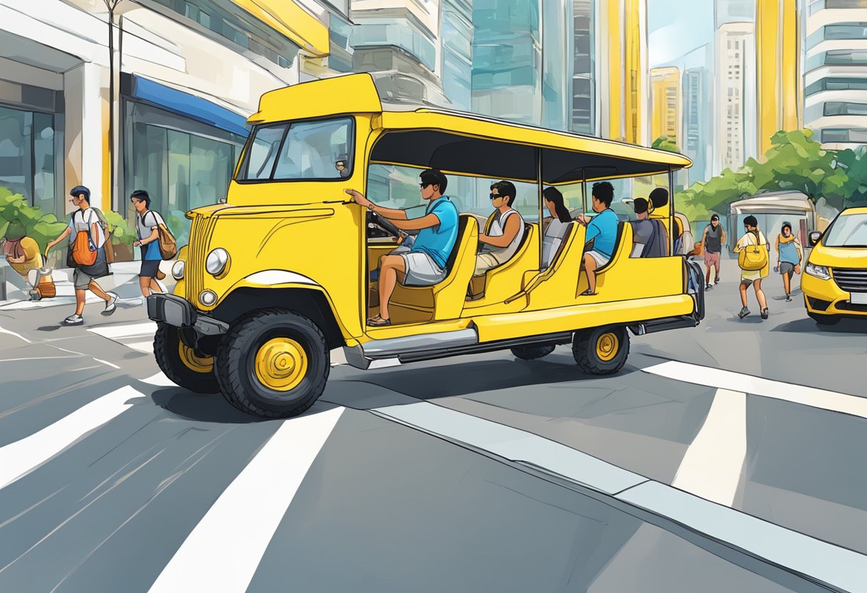 Tourists board a vibrant yellow amphibious vehicle on the bustling streets of Singapore. The vehicle's wheels are ready for land, while its propeller hints at the upcoming water adventure