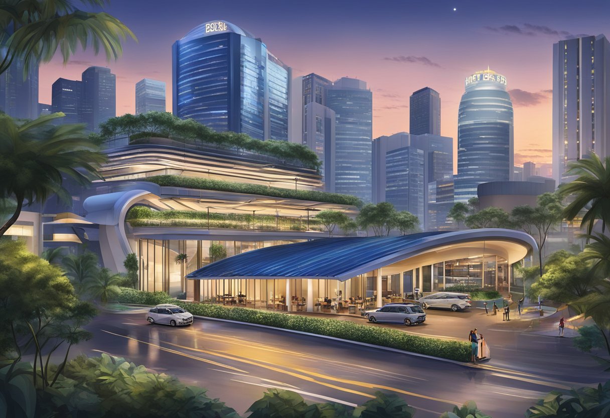 The hotel boss Singapore stands tall, with its modern architecture and vibrant lights. The surrounding attractions include bustling streets, lush gardens, and iconic landmarks