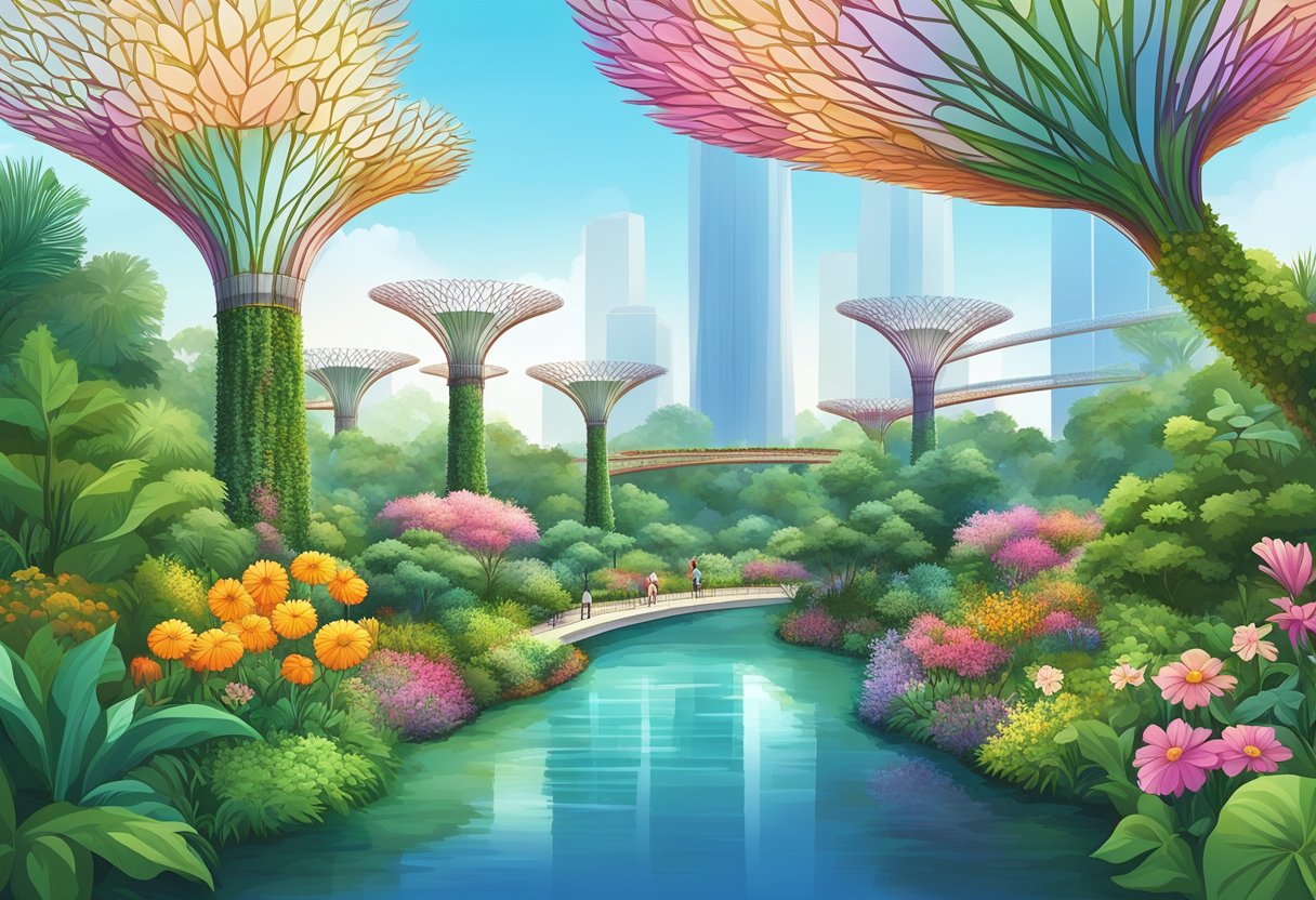 Lush greenery and colorful flowers fill the landscape at Gardens by the Bay, with towering Supertrees creating a stunning backdrop against the clear blue sky