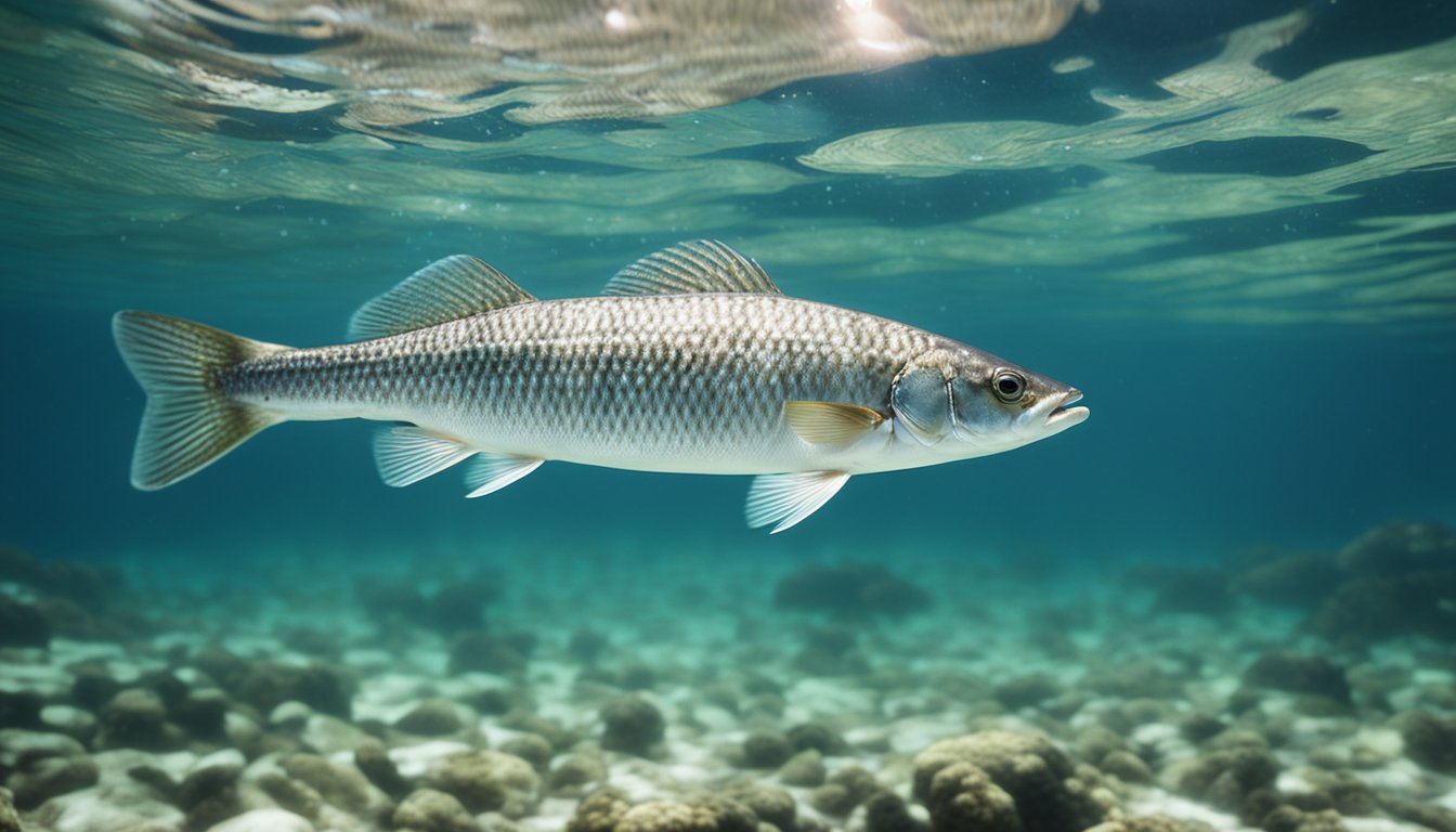 A whitefish swims in clear water, its sleek body reflecting the sunlight. Its scales shimmer with shades of silver and white, while its fins gracefully propel it through the aquatic environment