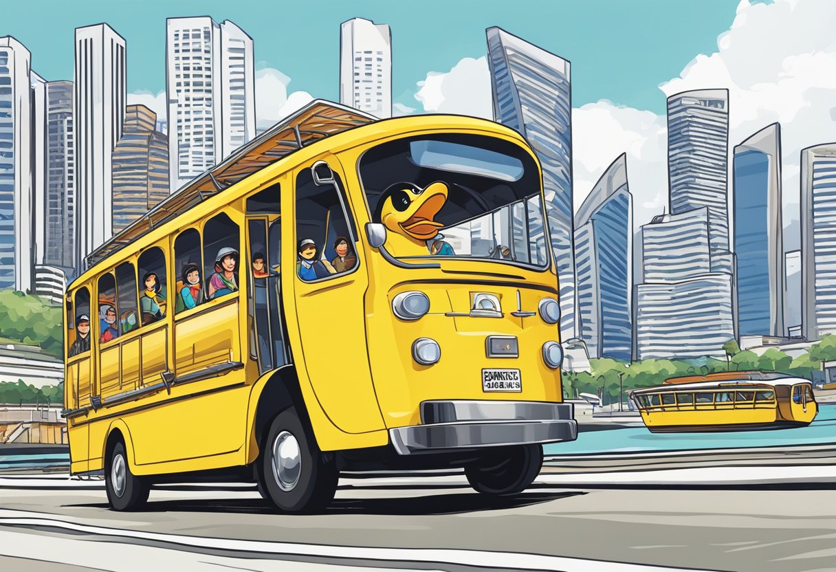 A bright yellow duck boat cruises through the bustling streets of Singapore, with excited tourists onboard. The iconic skyline and famous landmarks provide a stunning backdrop for the tour