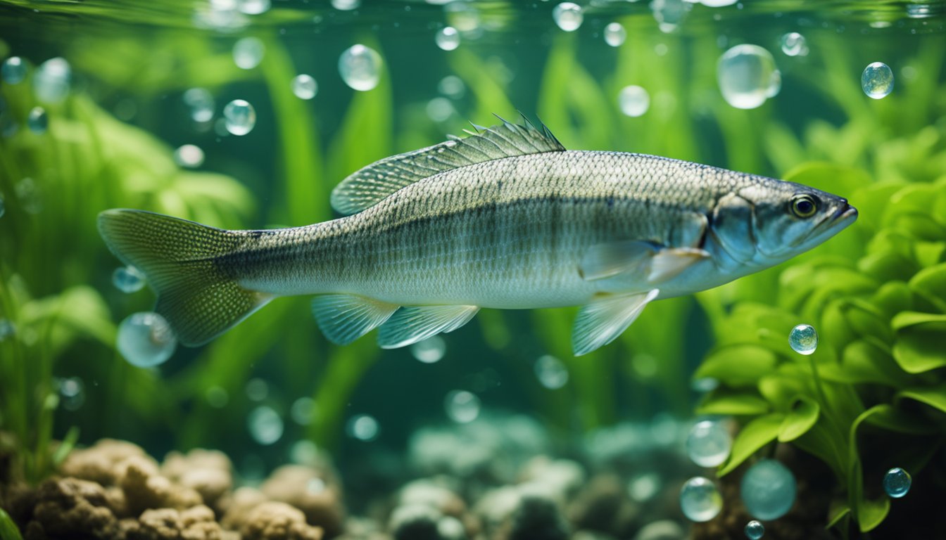 A whitefish swimming in clear water, surrounded by bubbles and aquatic plants