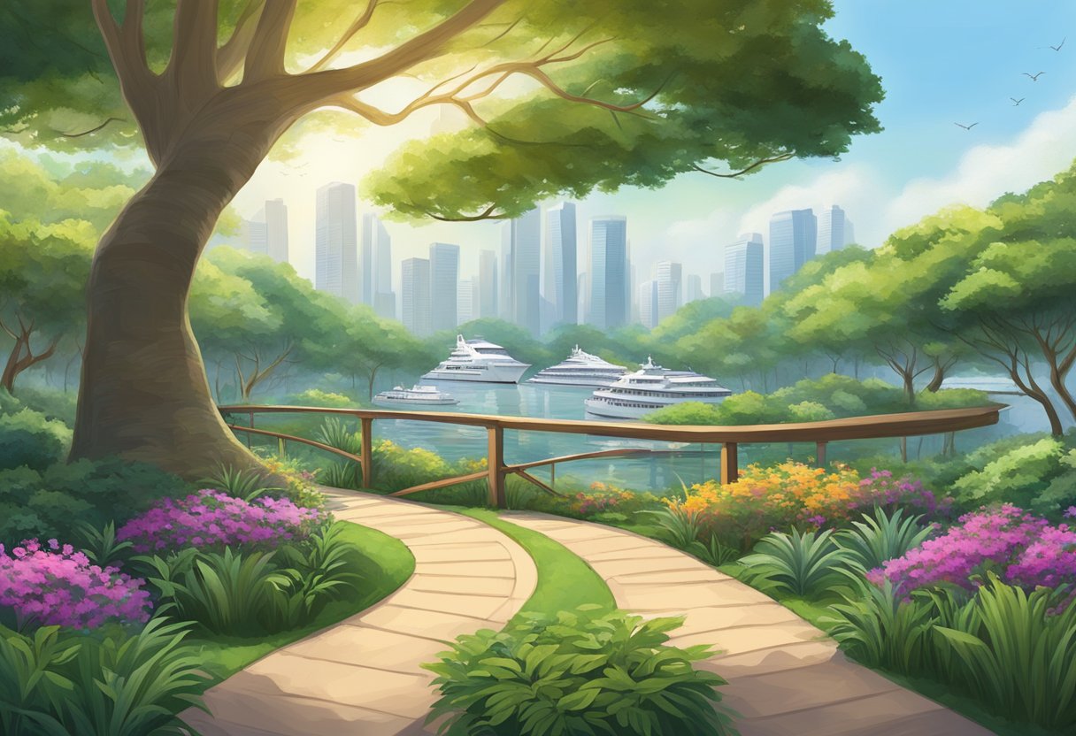 A winding path leads through lush gardens, with towering supertrees and a serene marina in the background