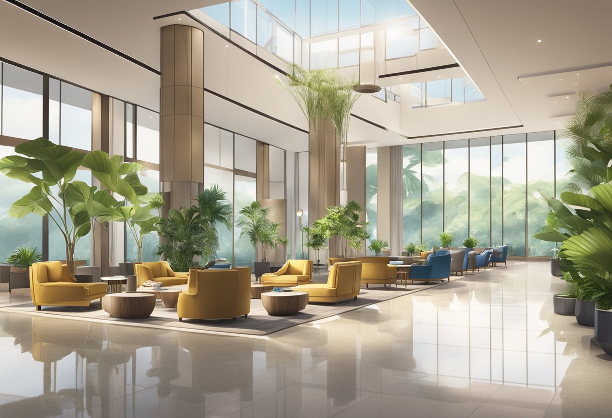 A bright, modern hotel lobby in Singapore with sleek furniture and a check-in desk. Large windows let in natural light, and tropical plants add a touch of greenery