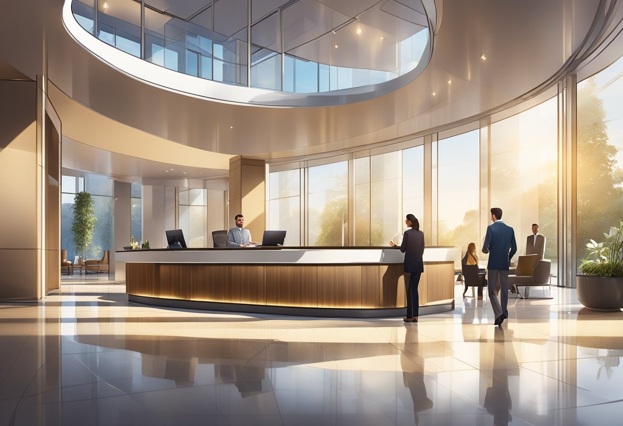 Guests check in at a modern reception desk. Sunlight streams through floor-to-ceiling windows, illuminating the stylish lobby with comfortable seating and sleek decor