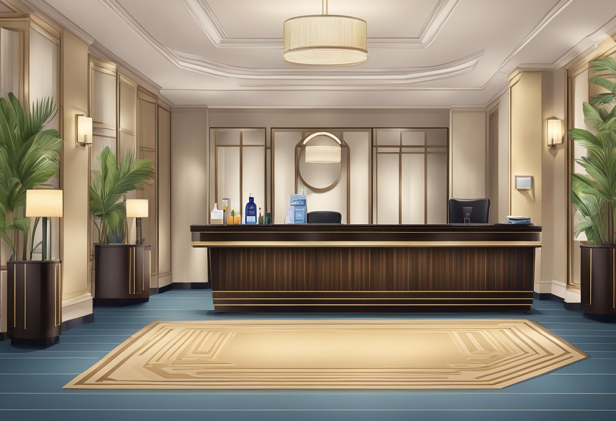 A hotel lobby with a concierge desk, comfortable seating, and a display of amenities such as towels, toiletries, and refreshments