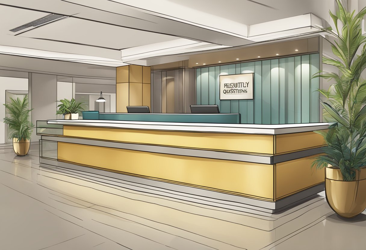 A reception desk with a sign reading "Frequently Asked Questions" in a modern hotel lobby in Singapore