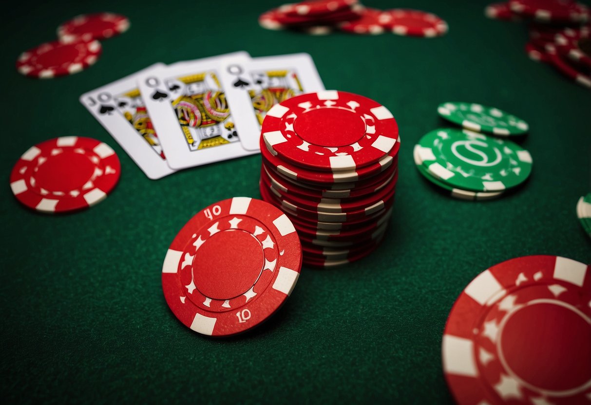 A red casino chip with "Lucky Red 100" printed on it, surrounded by other chips and a deck of cards on a green felt table