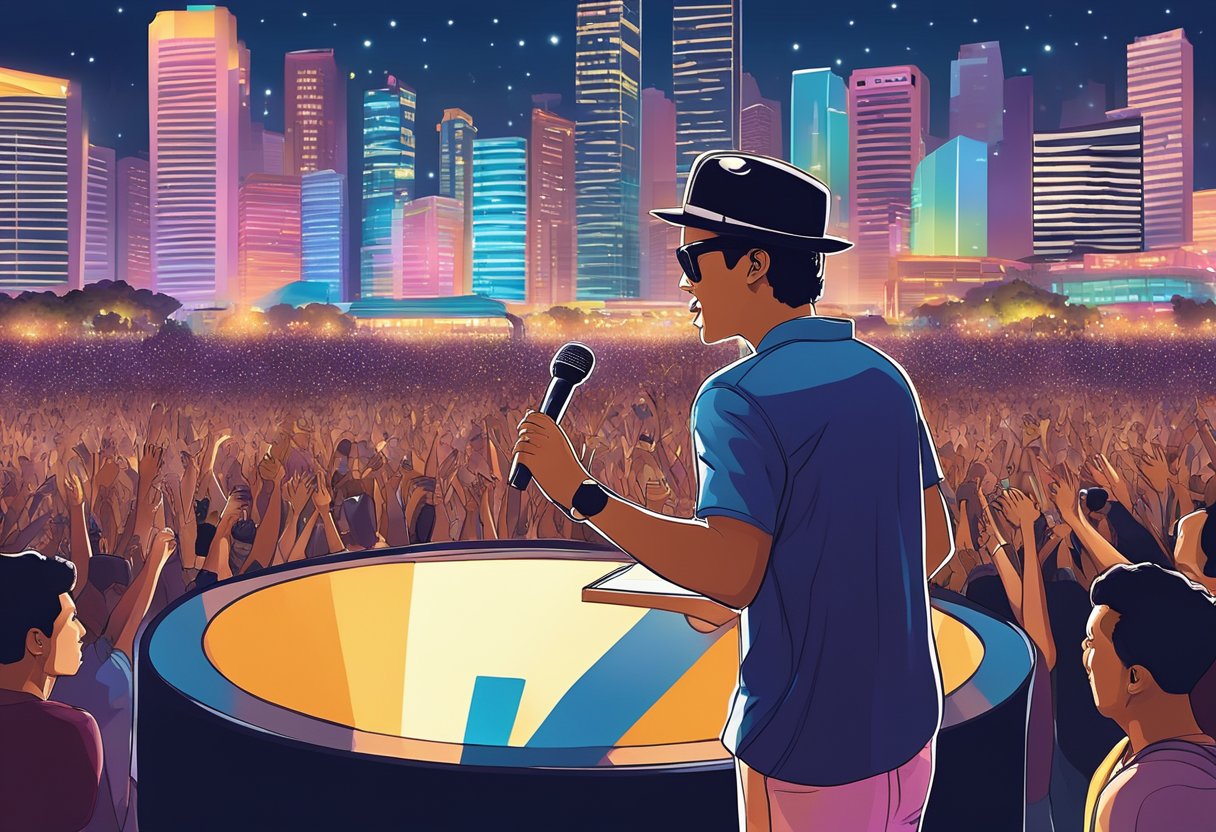 Bruno Mars performs on stage with a backdrop of the Singapore skyline at night. The crowd cheers and colorful lights illuminate the outdoor concert venue