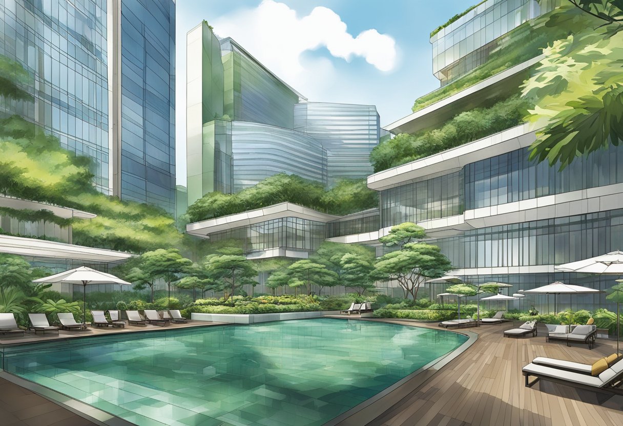 The grand Hyatt Singapore, with its towering glass facade and lush greenery, exudes luxury and elegance, set against the backdrop of the bustling city skyline